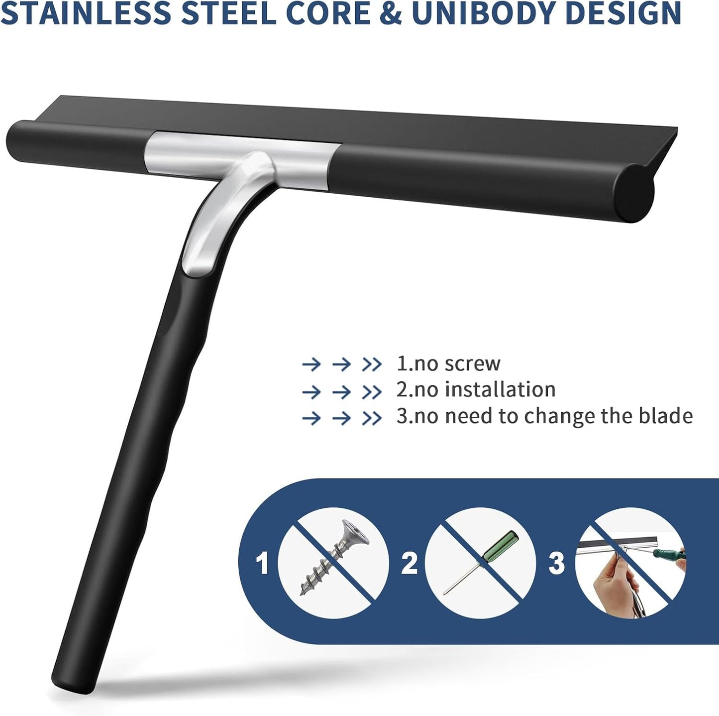 ecooe Shower Squeegee for Glass Doors,11" Shower Glass Cleaner | Silicone Streak-Free Wiper with Hanger and Stainless Steel Core for Bathroom, Kitchen & Car Windows, Black