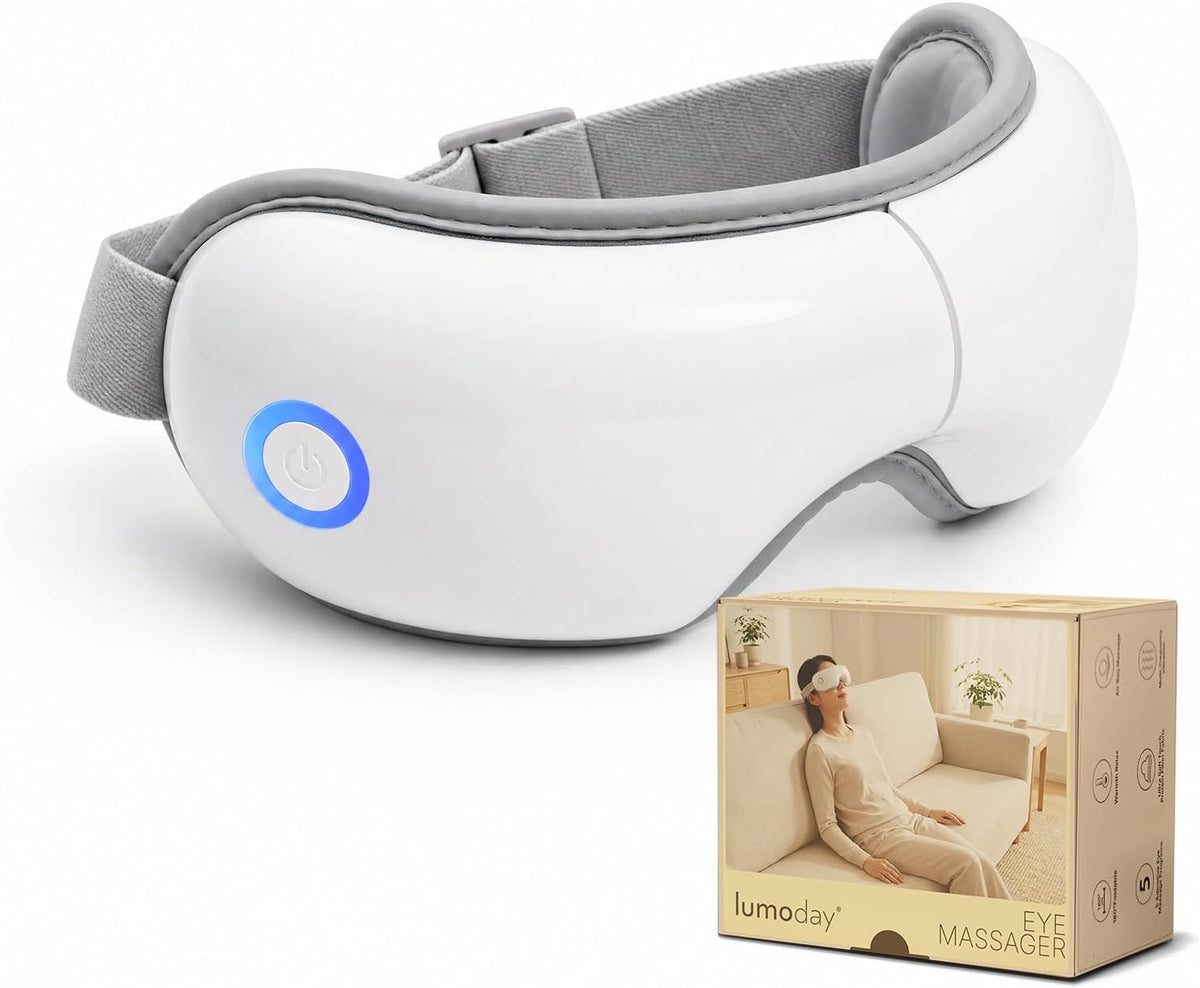 Eye Massager with Heat and Compression for Eye Strain Relief, Heated Eye Mask for Dry Eyes, Migraine & Stress Relief, Bluetooth Music, Rechargeable Foldable (Matte White)