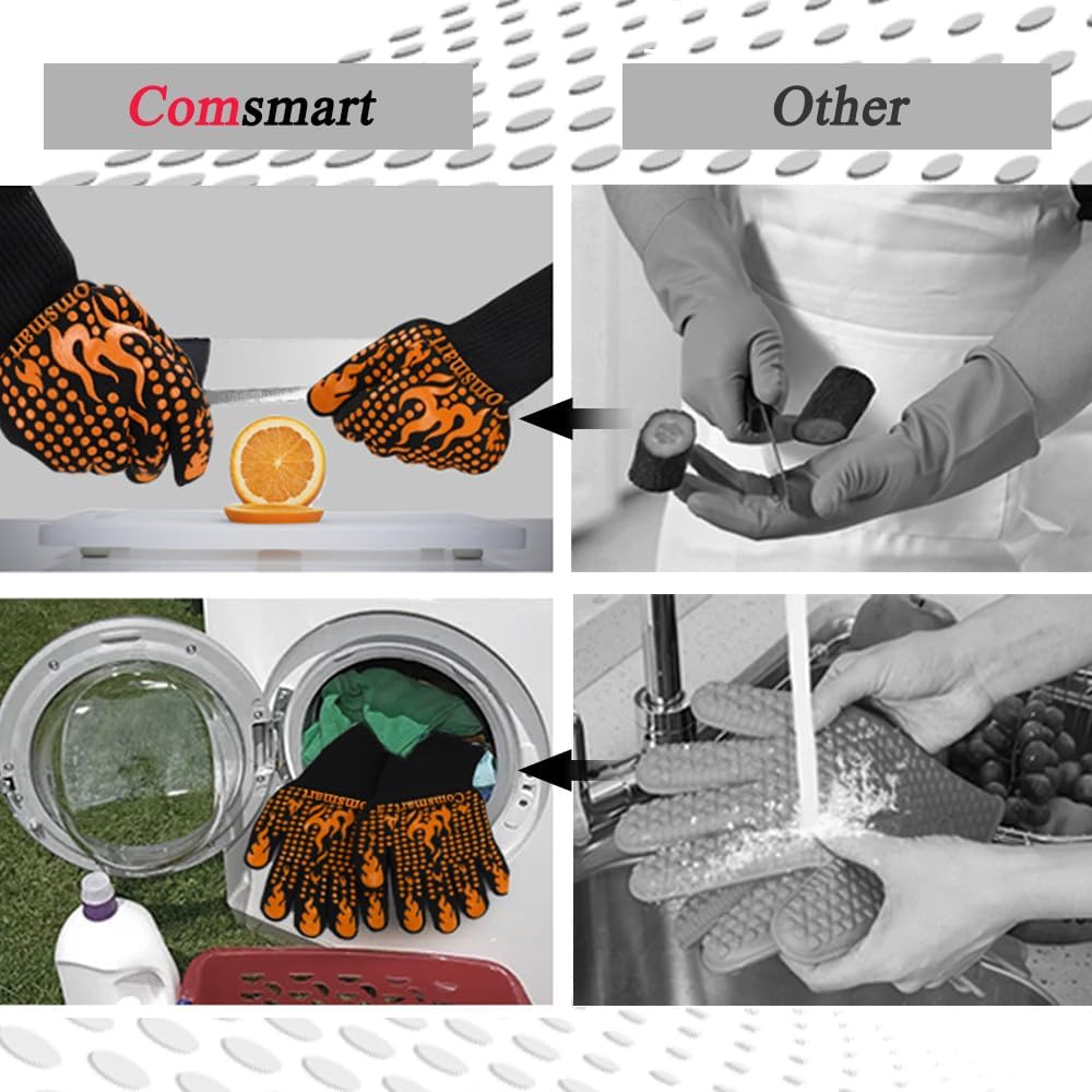 Comsmart BBQ Gloves, 1472 Degree F Heat Resistant Grilling Gloves Silicone Non-Slip Oven Gloves Long Kitchen Gloves for Barbecue, Cooking, Baking, Cutting