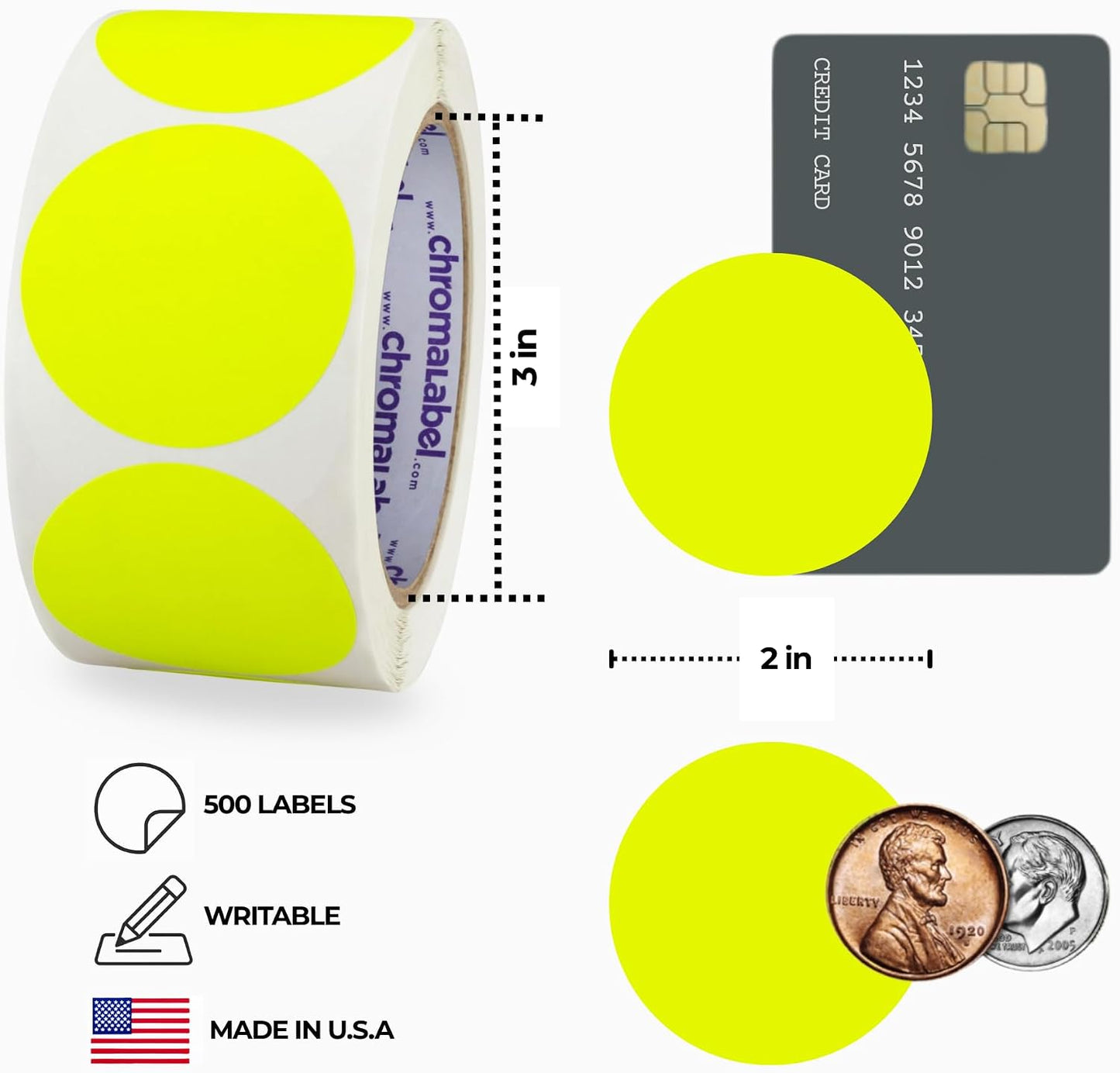 Fluorescent Green Dot Stickers, 2 Inch, 500/Roll | Writable Matte Paper Circle Stickers for Inventory, Classrooms, Offices, Retail, and Color Coding. Made in USA
