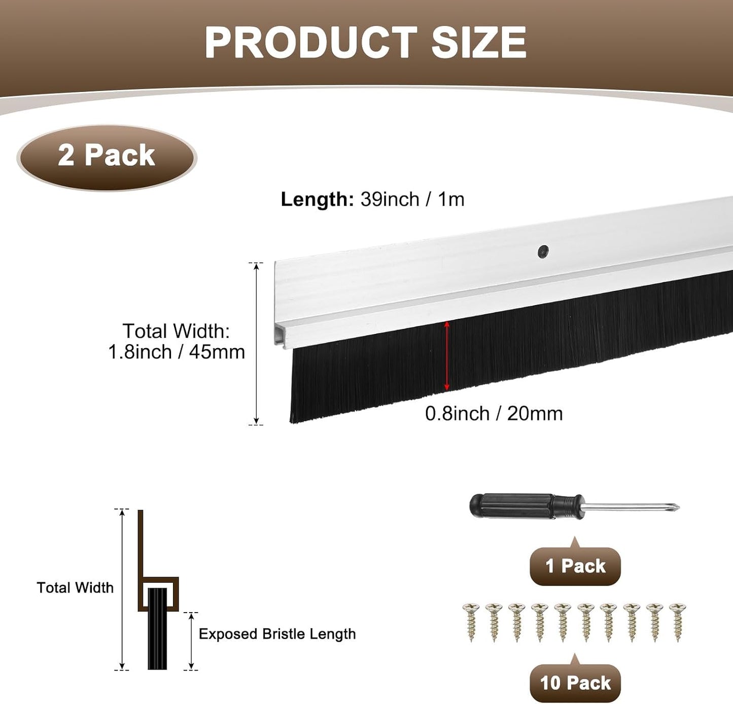 M METERXITY 2-Pack Door Brush Bottom Sweep, 39" L x 2.6" W H-Shape Aluminum Alloy Base with 1.6" Nylon Brush for Industrial/Home/Garage Door Seal, Strong Adhesive Weather Stripping Kit[Silver]