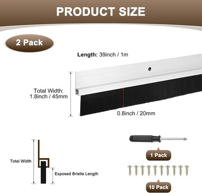 M METERXITY 2-Pack Door Brush Bottom Sweep, 39" L x 2.6" W H-Shape Aluminum Alloy Base with 1.6" Nylon Brush for Industrial/Home/Garage Door Seal, Strong Adhesive Weather Stripping Kit[Silver]