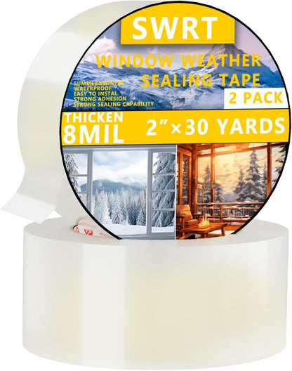 SWRT 2" x30YD 8Mil Window Sealing Tape No Residue | 8 mil thick, heavy duty, transparent, Window seal kit for summer heat, Window insulation in summer, Sealling window AC units,