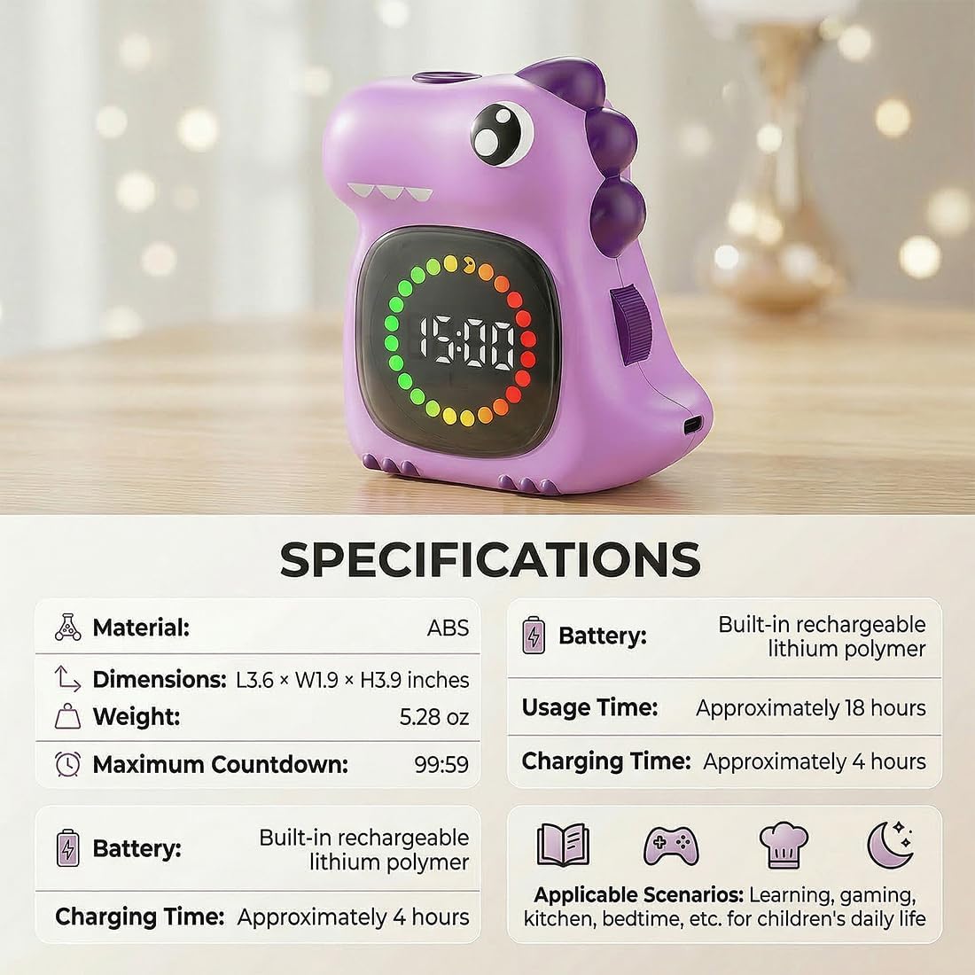 Pink Dinosaur Visual Timer for Kids, Girls Potty Training Timer | Color Countdown, Rechargeable, LED Screen, 99 Minute, Toddler, Children, Transition, 2-Min Toothbrush Setting, Hand Washing