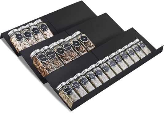 Spice Drawer Rack Organizer Insert for Kitchen Cabinet, Pack of 9 | Expandable, Multi Tier Adjustable Spice Storage Shelf for Seasoning and Jar