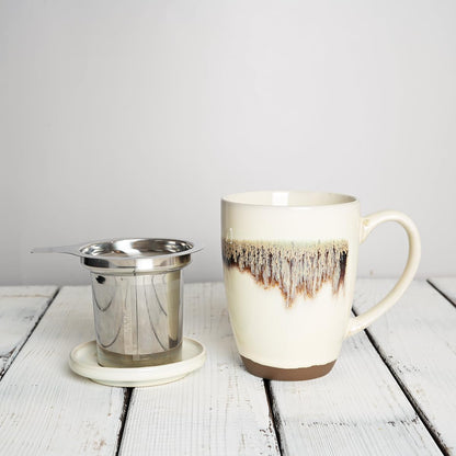 Bosmarlin Ceramic Tea Cup with Infuser and Lid, 13.5 Oz, Loose Leaf Tea Steeper Mug with Strainer, Microwave and Dishwasher Safe, Reactive Glaze (13.5 Oz, Pale Green)
