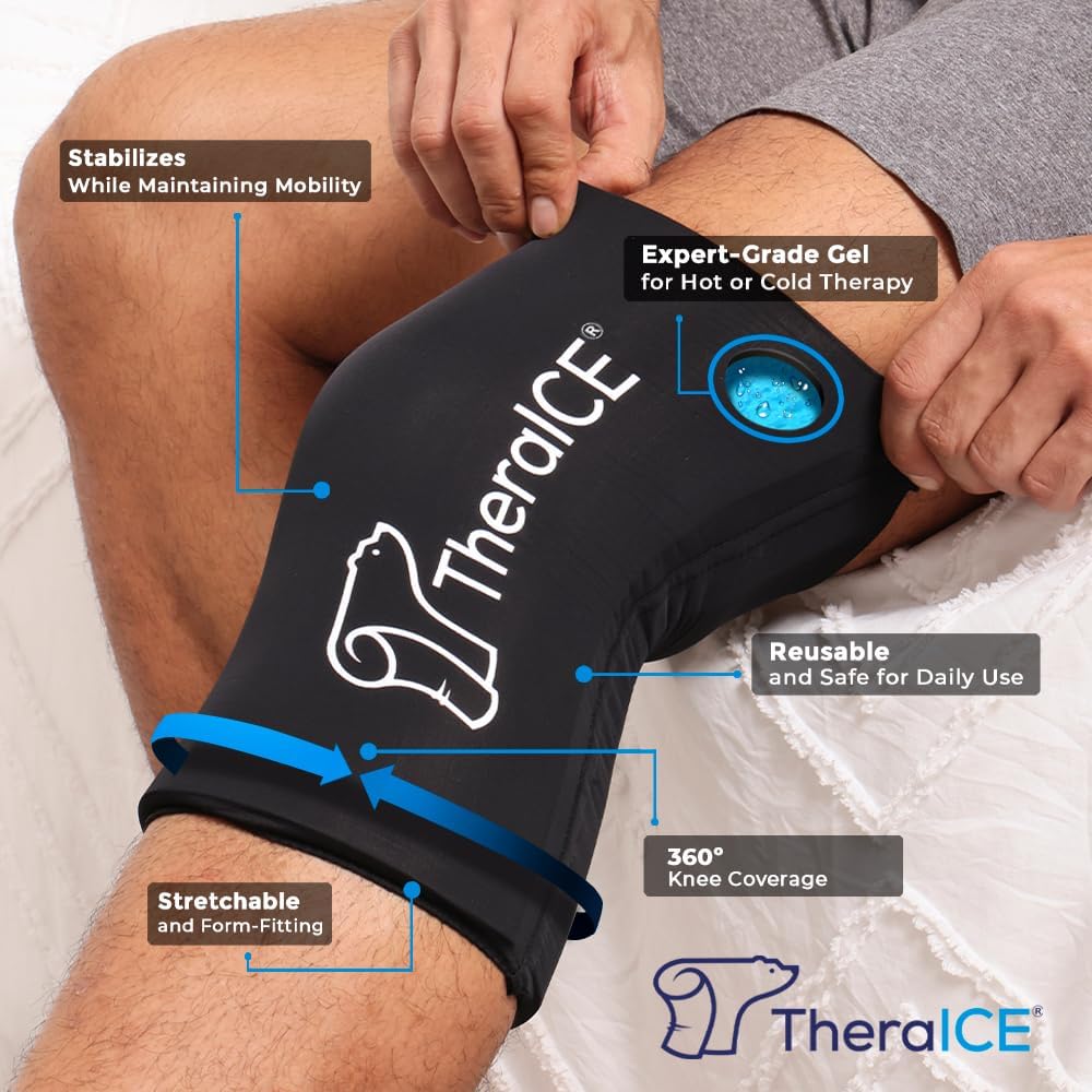 TheraICE Knee Ice Pack Wrap, Reusable Cold Compression Sleeve for Injuries | Flexible Gel Ice Pack, Cooling Knee Sleeve for Elbow, Ankle & Calf, Post-Surgery Recovery, ACL MCL Relief