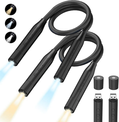 2 Pack Neck Book Lights, 3 Colors & 3 Brightness Levels, Flexible 380° Neck Light Rechargeable, LED Reading Lights for Books in Bed, 80 Hrs Lasting, Perfect for Reading, Knitting, Crafts, Repairs