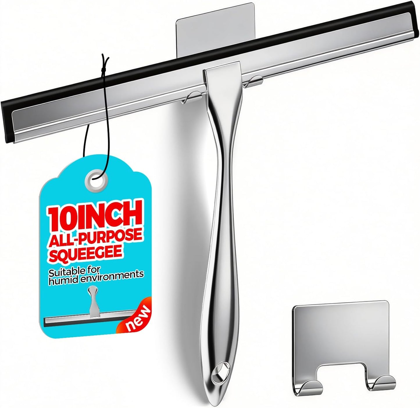 12" Shower Squeegee for Glass Doors, Tile Walls, Car Windows, Silver | Bathroom Accessories, New Home Essentials, Silicone Blade, Metal Handle, Adhesive Hook, Household Tool, Multipurpose Cleaner