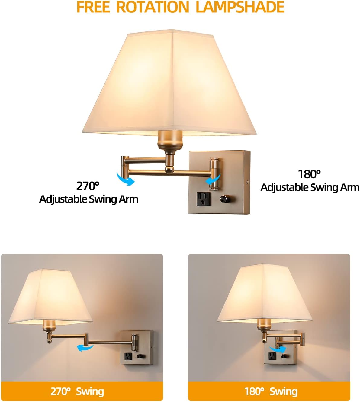 Wall Mounted Lamp Plug in Wall Sconce with Dimmable Switch Swing Arm Wall Lamp Whire Fabric Shade with USB Port Gold Wall Sconce Suitable for Hallway Bedroom Living Room…