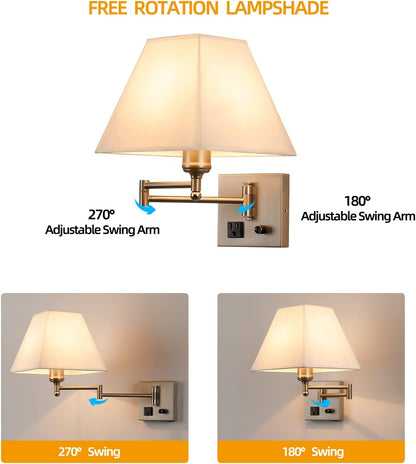 Wall Mounted Lamp Plug in Wall Sconce with Dimmable Switch Swing Arm Wall Lamp Whire Fabric Shade with USB Port Gold Wall Sconce Suitable for Hallway Bedroom Living Room…