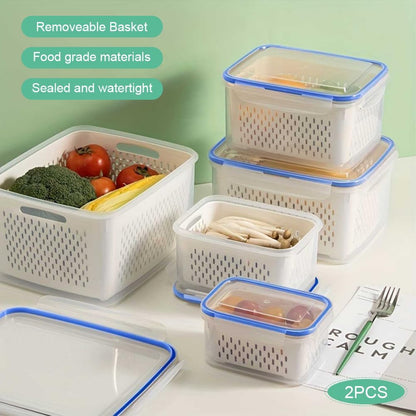 2-Pack Refrigerator Storage Containers with Removable Colander Baskets, Fridge Organizer Box for Fruits Vegetables, Keep Fresh & Tidy, Space Saving Kitchen Food Storage Container Set