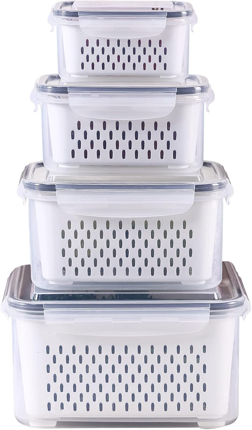 3Pack Fridge Food Storage Container Set with Lids with Strainer, Fruit Vegetable Storage Containers Keep Fruits, Vegetables, Berry, Meat Fresh longer, BPA-Free Plastic Produce Keepers