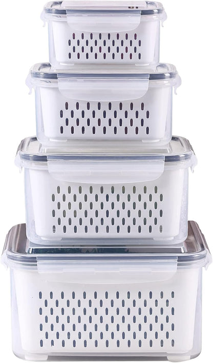 3Pack Fridge Food Storage Container Set with Lids with Strainer, Fruit Vegetable Storage Containers Keep Fruits, Vegetables, Berry, Meat Fresh longer, BPA-Free Plastic Produce Keepers