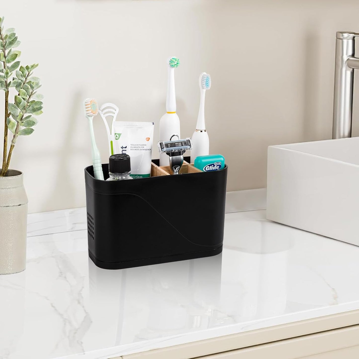 Electric Toothbrush Holder Tooth Brush and Toothpaste Organizer, Black | 3 Slots, Drainage Holes, Removable Bamboo Divider, Ventilation Design, Space-Saving, for Bathroom Countertop, Shower, Vanity