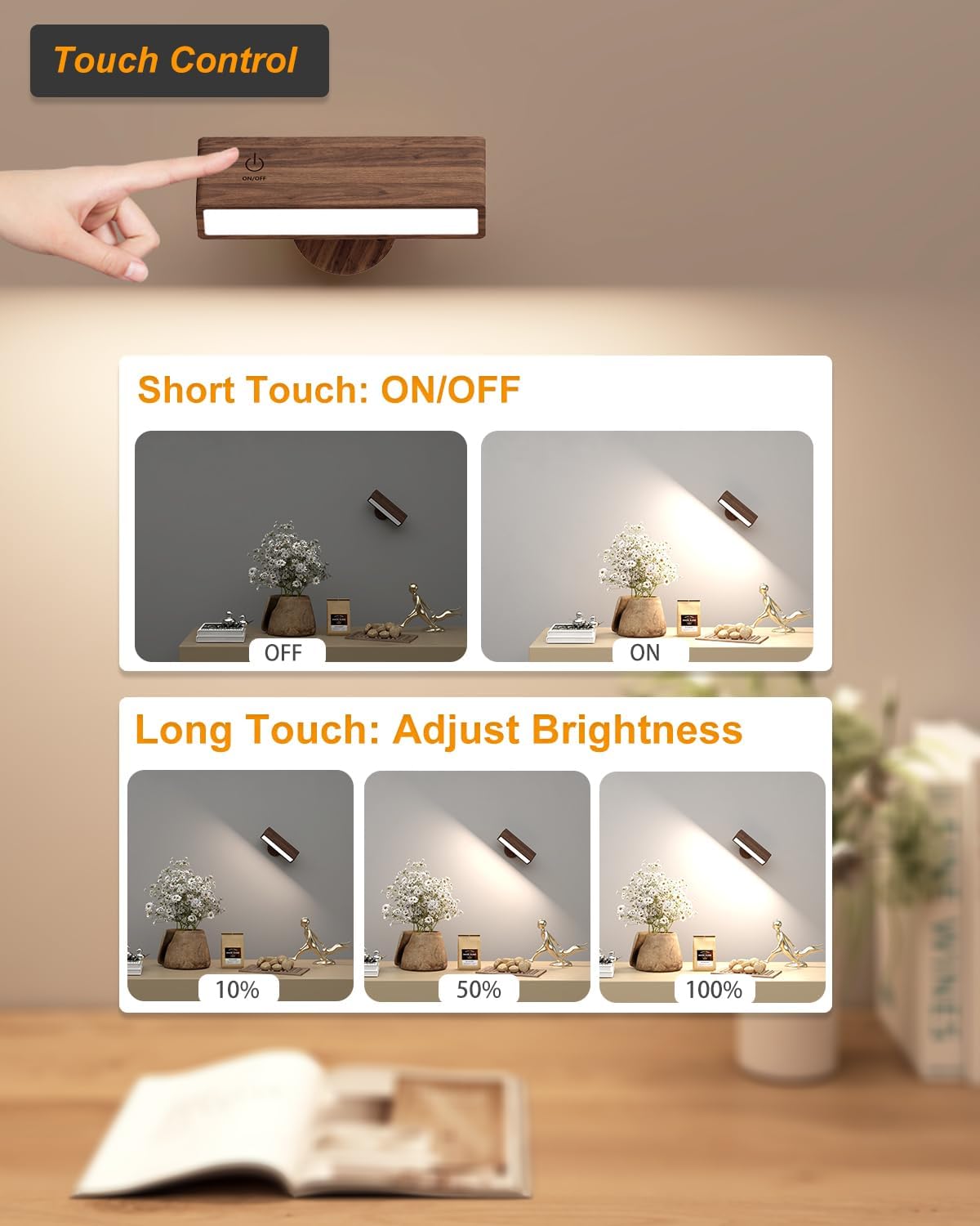 DetarZinLED Wall Lights Battery Operated Wooden,Magnetic Wall Sconces Rechargeable,Adhesive Wall Lights for Bedroom,Dimmable Wall Mounted Bedside Lamp,Cordless Battery Wall Sconce for Bedroom Reading