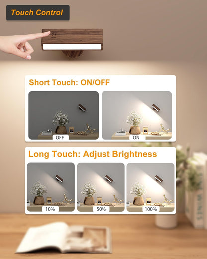 DetarZinLED Wall Lights Battery Operated Wooden,Magnetic Wall Sconces Rechargeable,Adhesive Wall Lights for Bedroom,Dimmable Wall Mounted Bedside Lamp,Cordless Battery Wall Sconce for Bedroom Reading