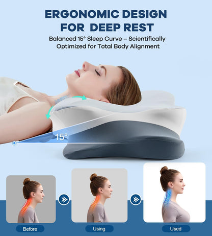 DONAMA Contour Cervical Neck Pillow for Neck Pain Relief | Queen,Ergonomic Dual-Height,Odorless Memory Foam,Side/Back/Stomach Sleepers,Cooling Hypoallergenic Cover,OEKO-TEX Certified