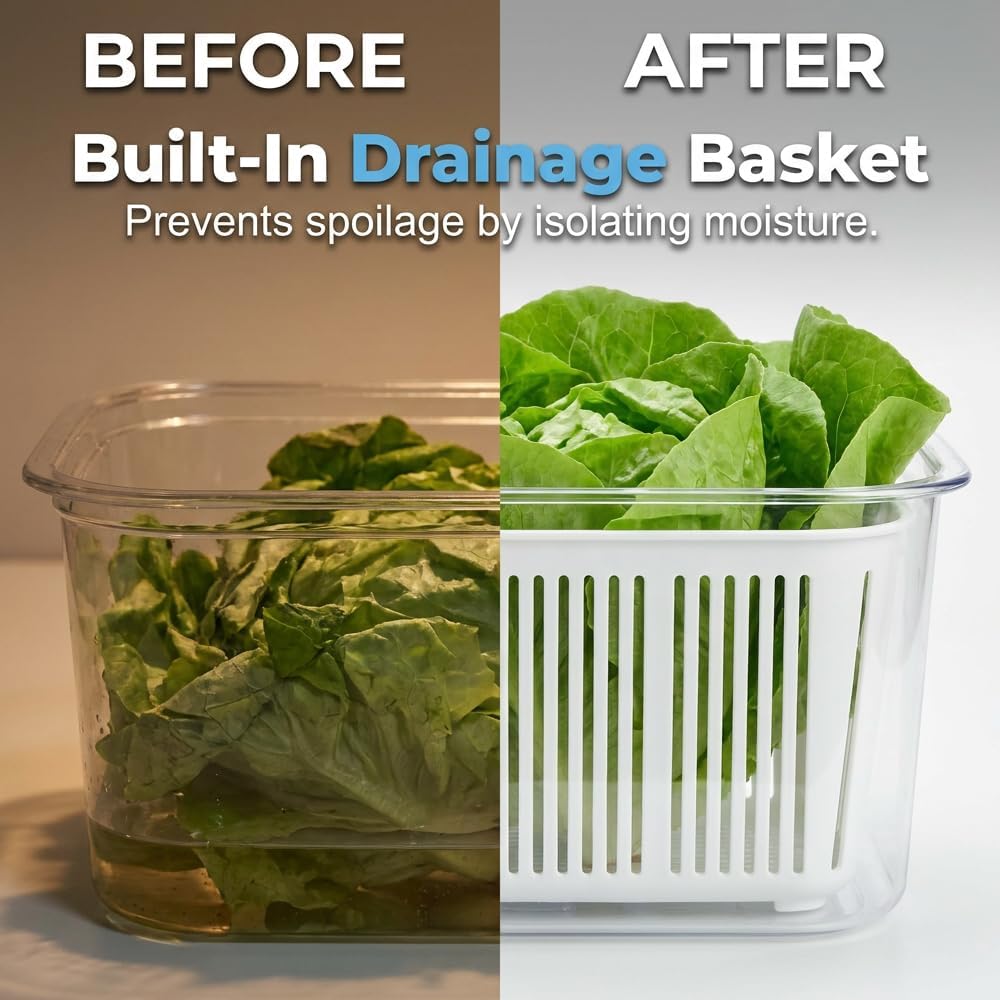 Fruit Containers for Fridge with Colanders (2, 750ml + 1500ml) | Food Storage Containers with Lids