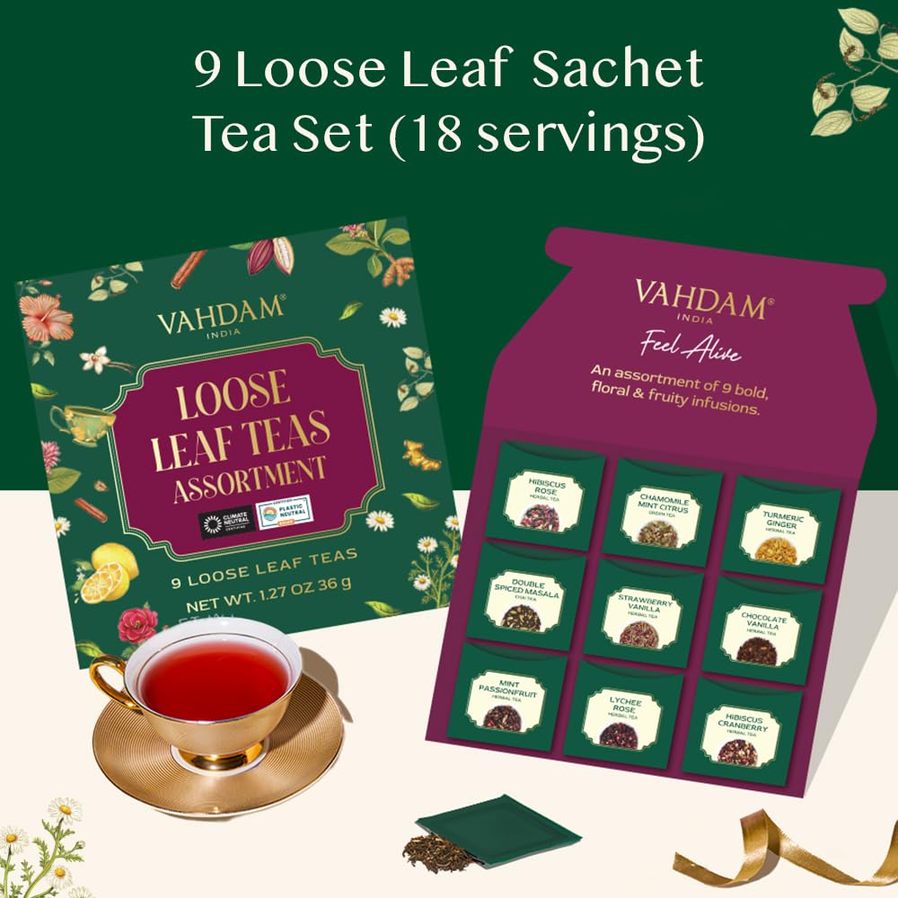 VAHDAM, Assorted Herbal Tea Sampler (18 Tea Bags, 9 Flavors) Caffeine-Free, Non-GMO | Double Infusion, Individually Enveloped Tea Bags | Herbal Tea Assortmen