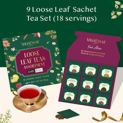 VAHDAM, Assorted Herbal Tea Sampler (18 Tea Bags, 9 Flavors) Caffeine-Free, Non-GMO | Double Infusion, Individually Enveloped Tea Bags | Herbal Tea Assortmen