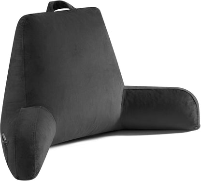 OAISZ Reading Pillow for Sitting in Bed with Shredded Memory Foam, Grey | 19-Inch Back Pillow for Sitting Up in Bed, Extended Arms, Side Pockets, Supportive Adjustable Pillow Removable Washable Cover