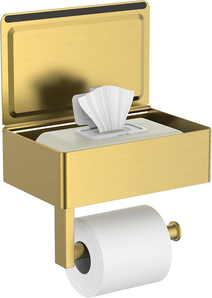 FORIOUS Toilet Paper Holder with Shelf, Wall-Mounted Modern Wipes Dispenser | Brushed Nickel | Toilet Paper Holder with Storage for Bathroom | Fits Wipes, Sanitary Napkin, Tampon | 8.0"x5.3" Large Shelf