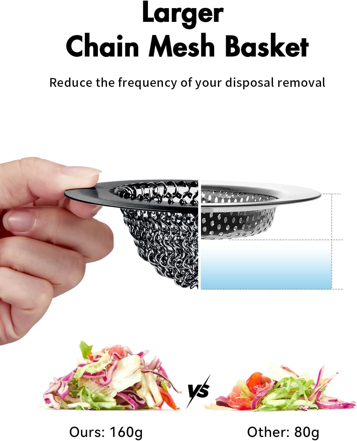 Upgraded Sink Drain Strainer, Patented Reversible Chain Mail Mesh | Anti-Slip Ring, Fast Drainage, Reversible Flip Clean, Rust-Proof, Universal 4.4-Inch, Large Capacity, Garbage Disposal Fit