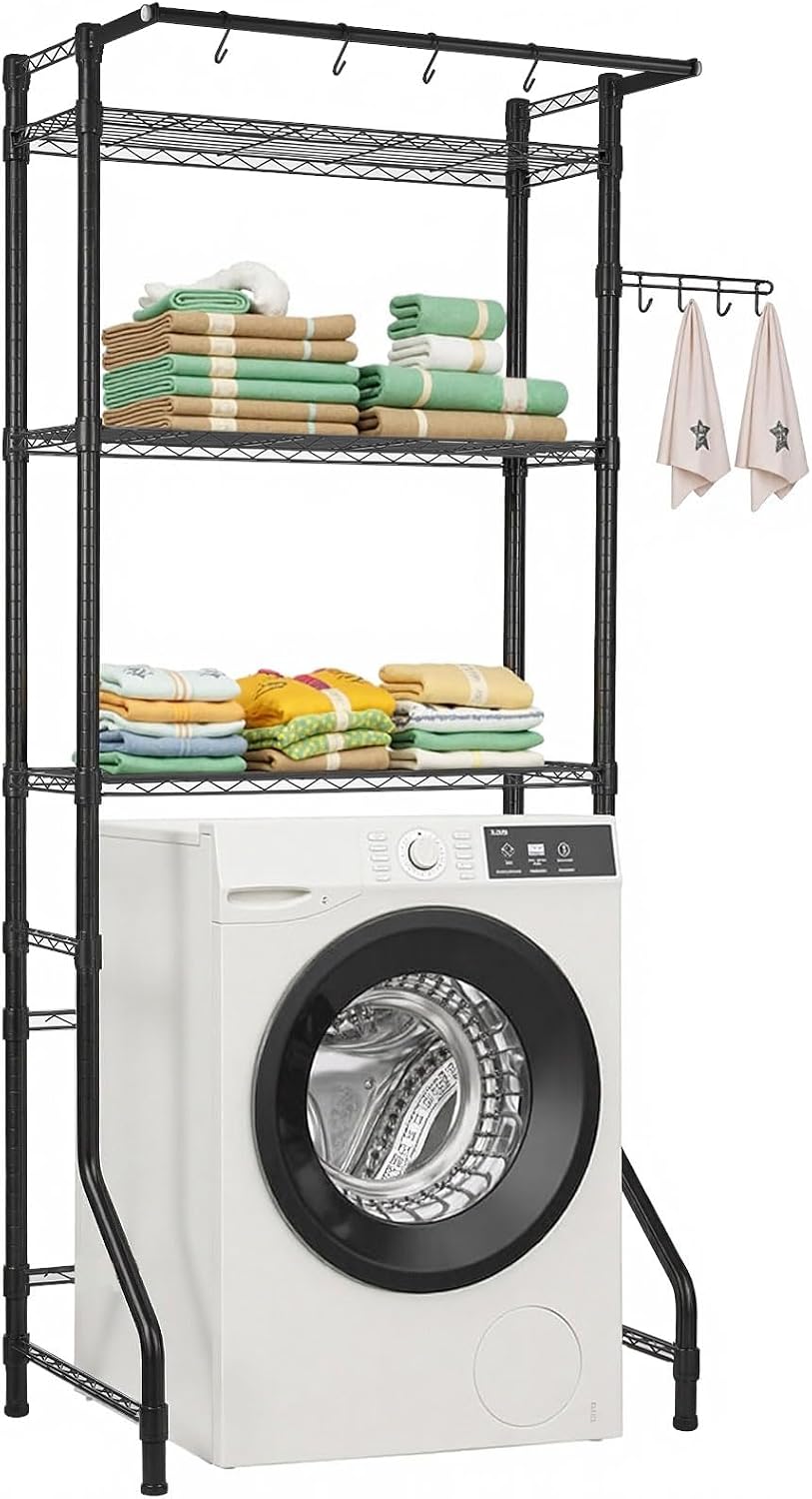 VEVOR Over The Washer and Dryer Storage Shelf, 3 Tier Laundry Room Drying Rack with Hanger Rod and Hooks, Adjustable Over Washer and Dryer Shelves, Laundry Room Shelf Storage Space Saver, White