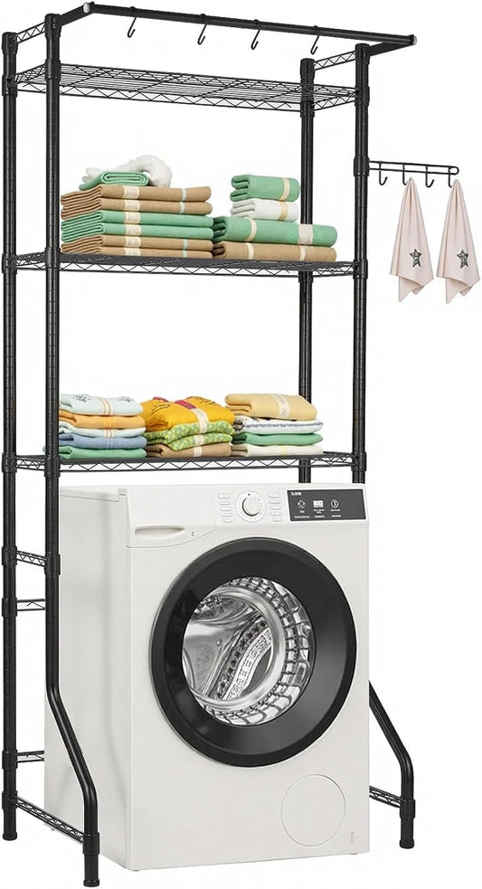 VEVOR Over The Washer and Dryer Storage Shelf, 3 Tier Laundry Room Drying Rack with Hanger Rod and Hooks, Adjustable Over Washer and Dryer Shelves, Laundry Room Shelf Storage Space Saver, White