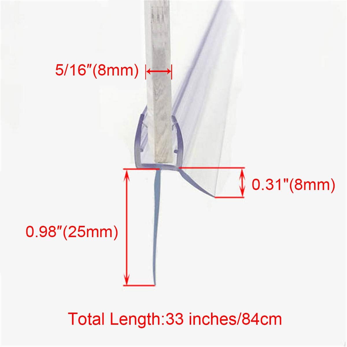 Frameless Shower Door Bottom Seal with Drip Rail 1/4" Thick Glass 33" Long Sweep - Glass Door Seal Strip Stop Shower Leaks