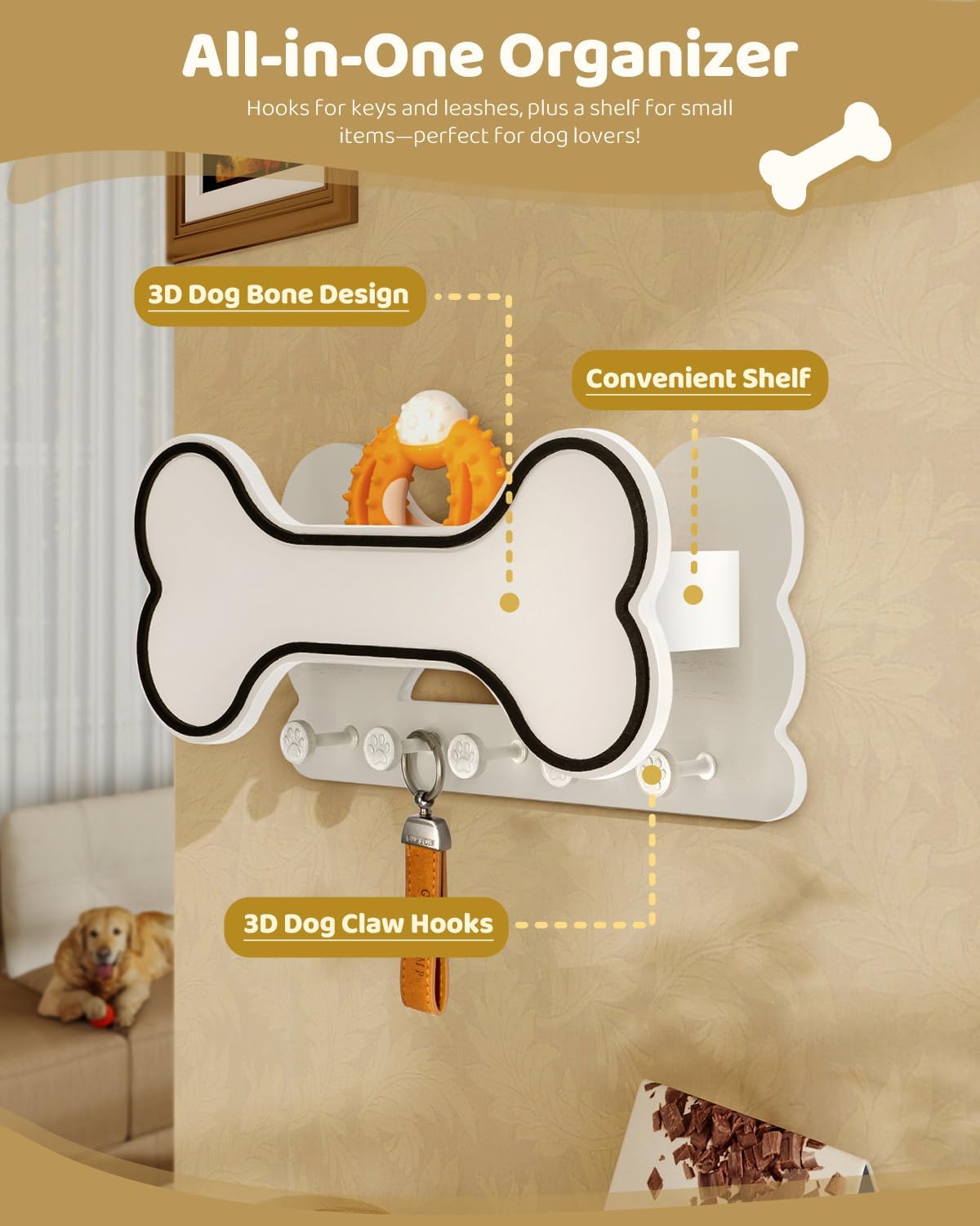 MTERSN Dog Leash Holder for Wall with Key Hooks for Dog Gear Storage, Brown | 3D Puppy Paw Hooks, Doggie Bone Shape, Key Rack with 5 Hooks, Wall Shelf for Treats & Dog Food, Ideal for Wall Decor