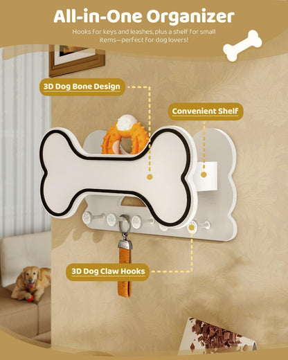 MTERSN Dog Leash Holder for Wall with Key Hooks for Dog Gear Storage, Brown | 3D Puppy Paw Hooks, Doggie Bone Shape, Key Rack with 5 Hooks, Wall Shelf for Treats & Dog Food, Ideal for Wall Decor
