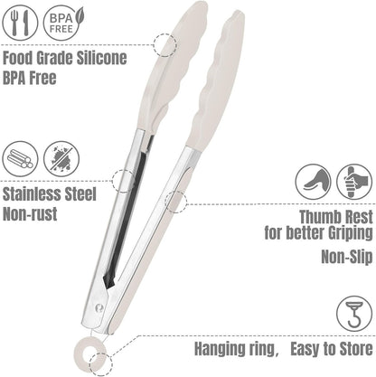 Hotec Mini Silicone Kitchen Tongs for Cooking - 7-Inch Small Serving Tongs with Silicone Tips, Set of 3 (Black,Grey,Light Blue)