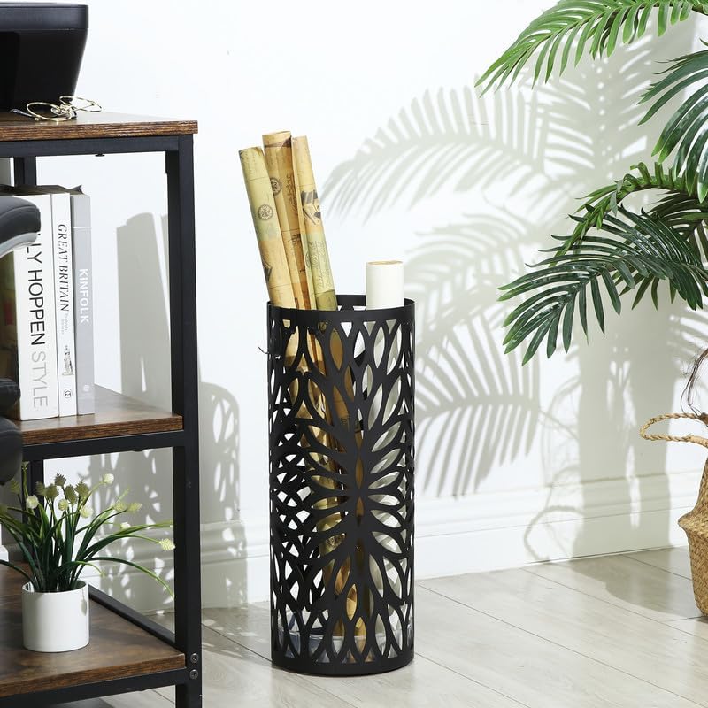 SONGMICS Umbrella Stand, Umbrella Holder for Entryway, Steel Square Umbrella Rack Organizer Freestanding, for Canes Walking Sticks, with a Detachable Drip Tray, 4 Hooks, Black ULUC026B33