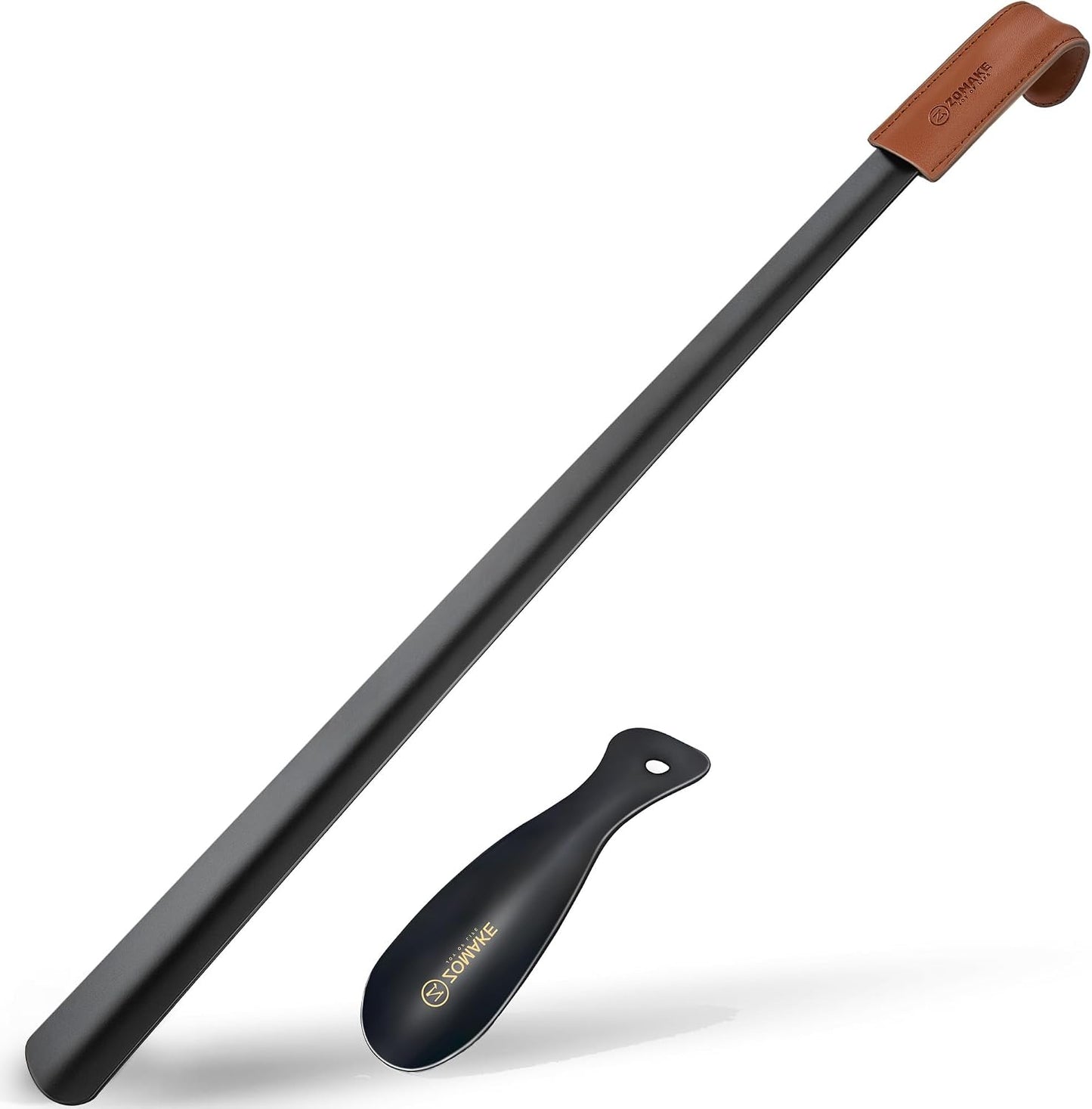 ZOMAKE Shoe Horn Long Handle for Seniors Men Women, Metal Shoehorn 2Pack | 16.5" Long Boot Horn, Travel Small Shoe Spoon Helper 7.5", Sturdy Stainless Steel, Anti-Slip Leather Grip, Shoe Protection
