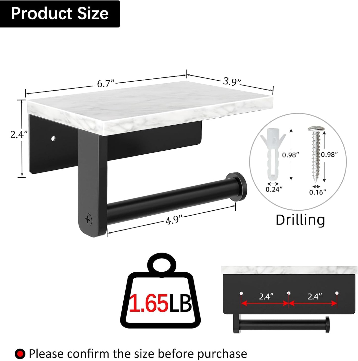 Gypie Marble Toilet Paper Holder with Shelf, Wall Mounted Matte Black | Stainless Steel Tissue Roll Paper Holder Dispenser for Bathroom Washroom