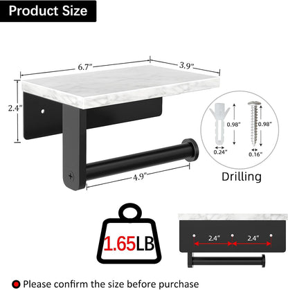 Gypie Marble Toilet Paper Holder with Shelf, Wall Mounted Matte Black | Stainless Steel Tissue Roll Paper Holder Dispenser for Bathroom Washroom