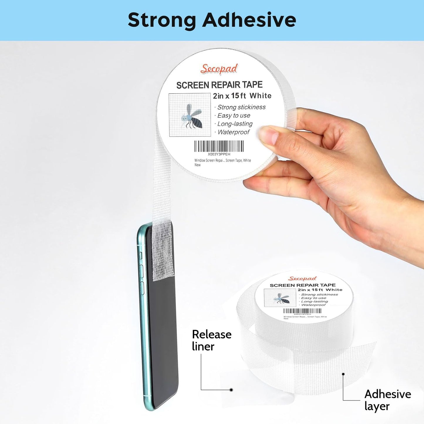 Secopad 2" x 180" (15FT) Screen Repair Tape, Screen Repair Kit, Black | Window Screen Patch, Quick Repair, Strong Adhesive, Easy to Use, For Mesh Window & Door, Cuttable Fiberglass, No Tools Needed