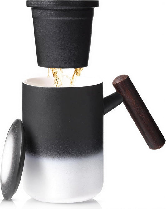 Tea Cup with Infuser and Lid,15 oz Ceramic Loose Leaf Tea Mug,Blue | All Ceramic Infuser &Wooden Handle,Hand Wash Only,Metal-Free,Lead-Free,BPA-Free,Warm Gift for Tea Lovers