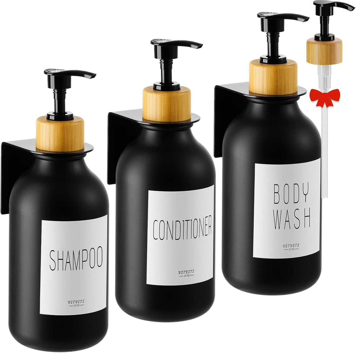 VITVITI Shampoo and Conditioner Dispenser 3 Chamber for Shower Wall, White | Refillable Body Wash Shower Soap Dispenser Wall Mounted, Drill Free 17oz Plastic Shower Bottles for Bathroom, Set of 3