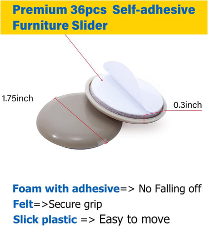 Self-Adhesive Furniture Sliders for Carpets, Furniture Moving Pads (36Pcs) 1-3/4" Furniture Mover Glides, Self Sticks Carpet Furniture Carrier - Move Any Item Quickly and Easily!