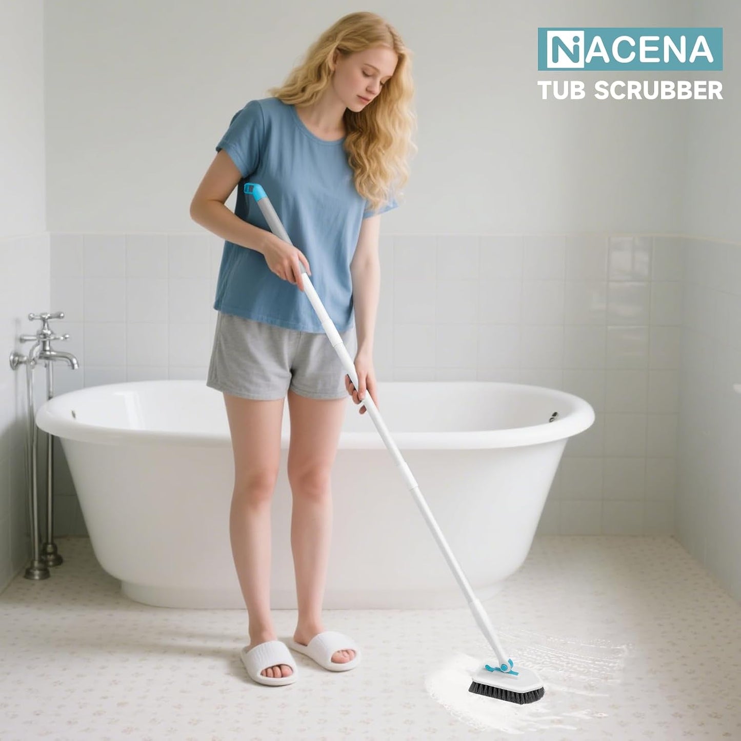 nacena Shower Scrubber with Long Handle, 4 in 1 Tile Tub Scrubber Brush with 3 Detachable Cleaning Heads and V-Shaped Grout Brush Shower Cleaner Brush for Bathroom Kitchen Toilet Tub Sink Wall, Black