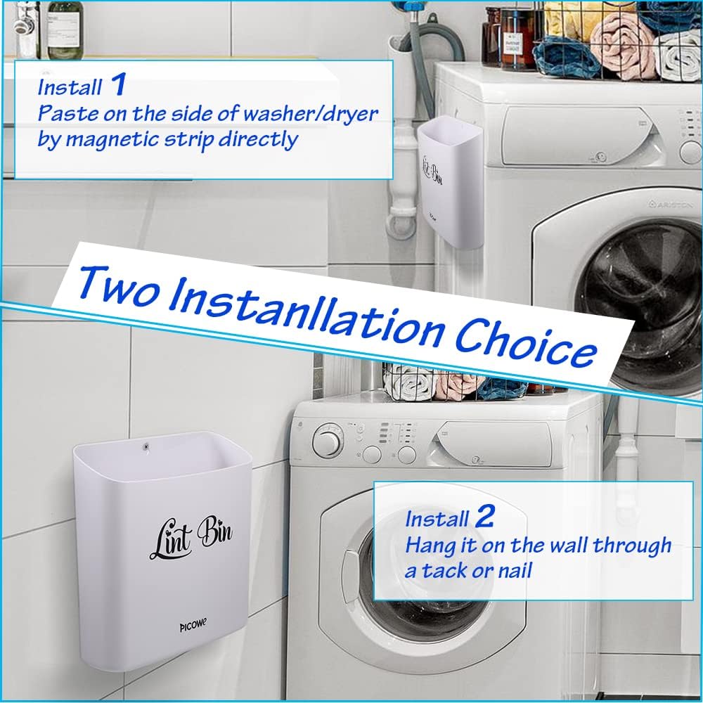 Picowe Magnetic Laundry Storage, Large Lint Holder Bin, Space-Saving Trash Container Hanging on Dryer, Washer or Wall Mount (Gray White)