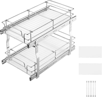 VEVOR Pull Out Cabinet Organizer, 14" Wx21.2 Dx15.2 H Heavy 2 Tier Duty Slide Out Pantry Shelves, Chrome-Plated Steel Roll Out Drawer for Under Sink, 15.5" Wx22.5 Dx19 H Install Size for Cabinet