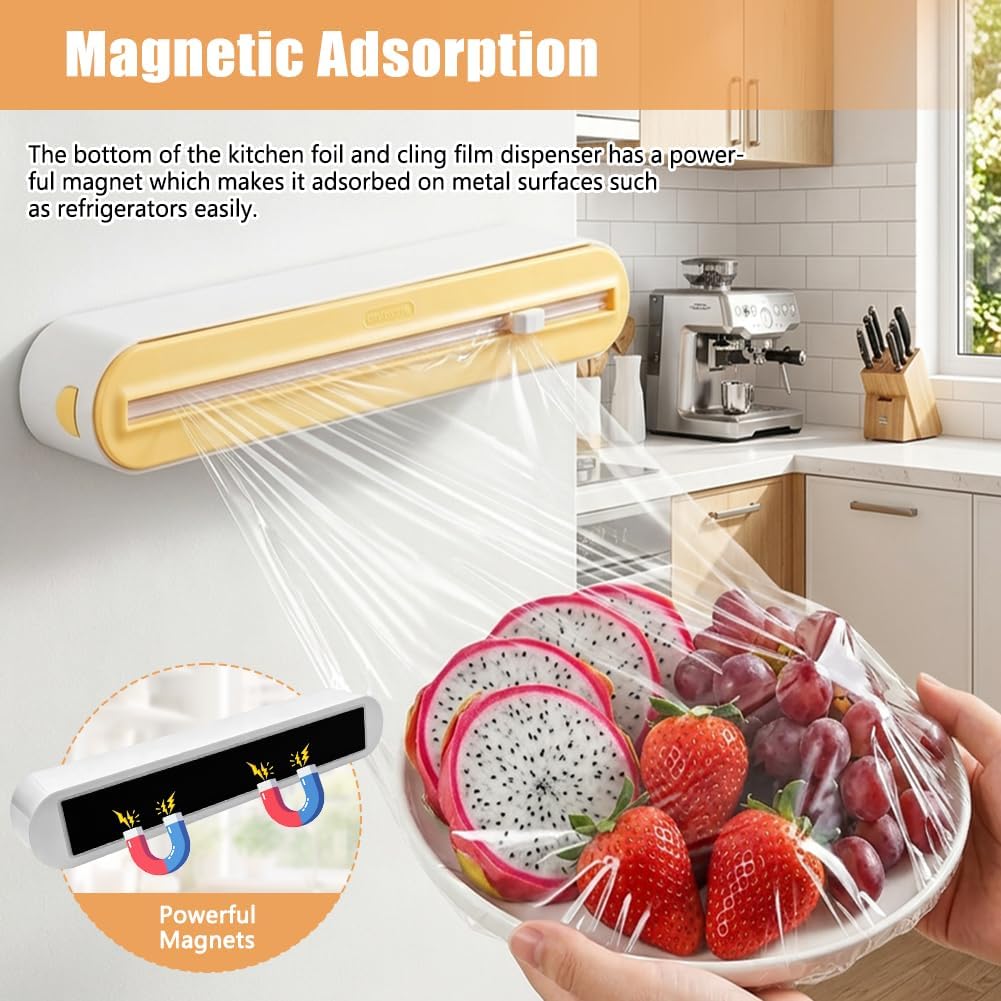 Magnetic Plastic Wrap Dispenser with Cutter Fits 12" Rolls | Reusable Foil Wrap Organizer for Drawer Countertops, Cling Wrap with Slide Cutter For Aluminum Foil, Tin Foil, Baking Paper