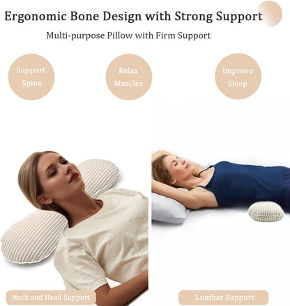Buckwheat Pillow Cervical Neck Pillow, Buckwheat Hulls Filling Cooling Lumbar Support Pillow, Adjustable Firmness Ergonomic Design with Washable Cover, Blue 19"X7"