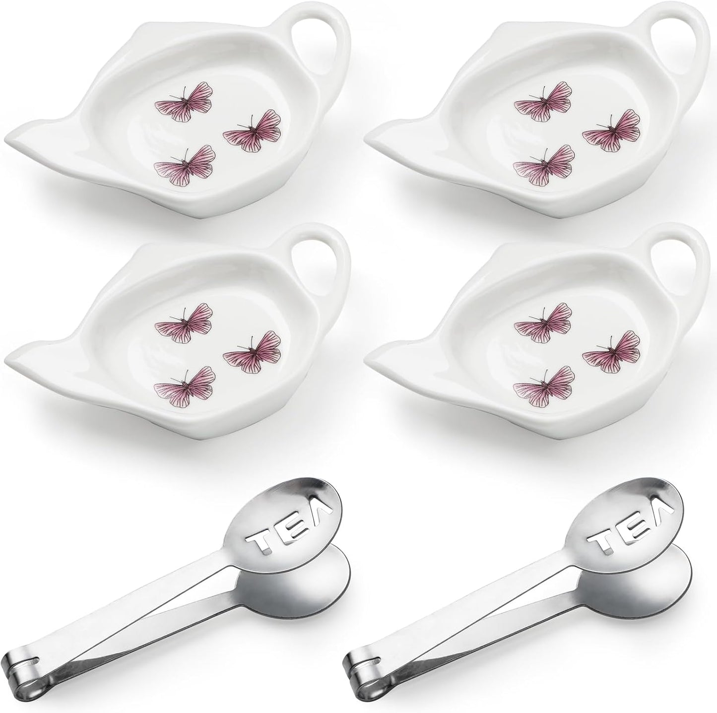 Coaster Set of 6 White Ceramic Tea Bag Holder and Stainless Steel Tea Bag Squeezer (style1)