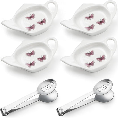 Coaster Set of 6 White Ceramic Tea Bag Holder and Stainless Steel Tea Bag Squeezer (style1)