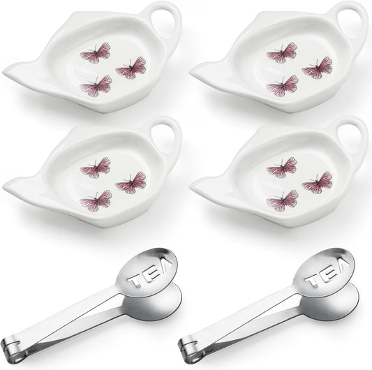 Coaster Set of 6 White Ceramic Tea Bag Holder and Stainless Steel Tea Bag Squeezer (style1)